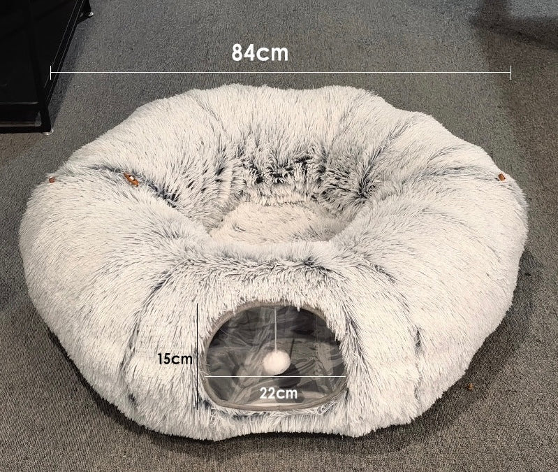2 in 1 Cat Beds Interactive Play Winter Warm Plush Donut Cat Tunnel Bed